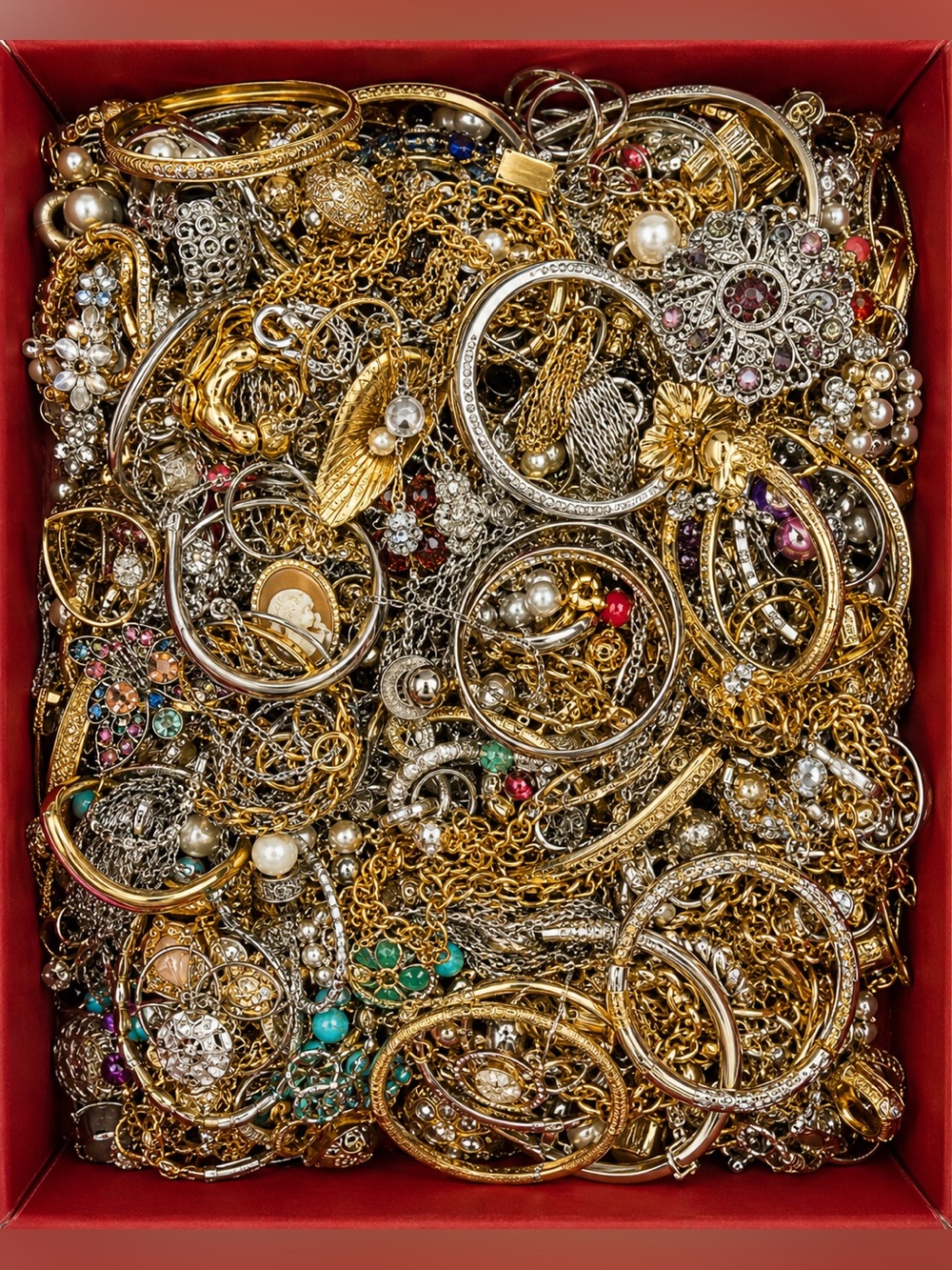 2 LBS Red Carton Jewelry Treasure Lot | Estate Wearable Craft Repair Mixed